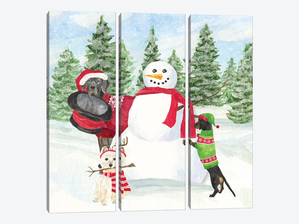 Dog Days Of Christmas I - Building Snowman by Tara Reed 3-piece Canvas Art