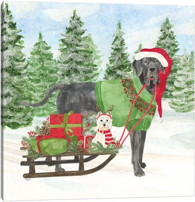 Dog Days Of Christmas II - Sled with Gifts Canvas Art Print - Christmas Animal Art