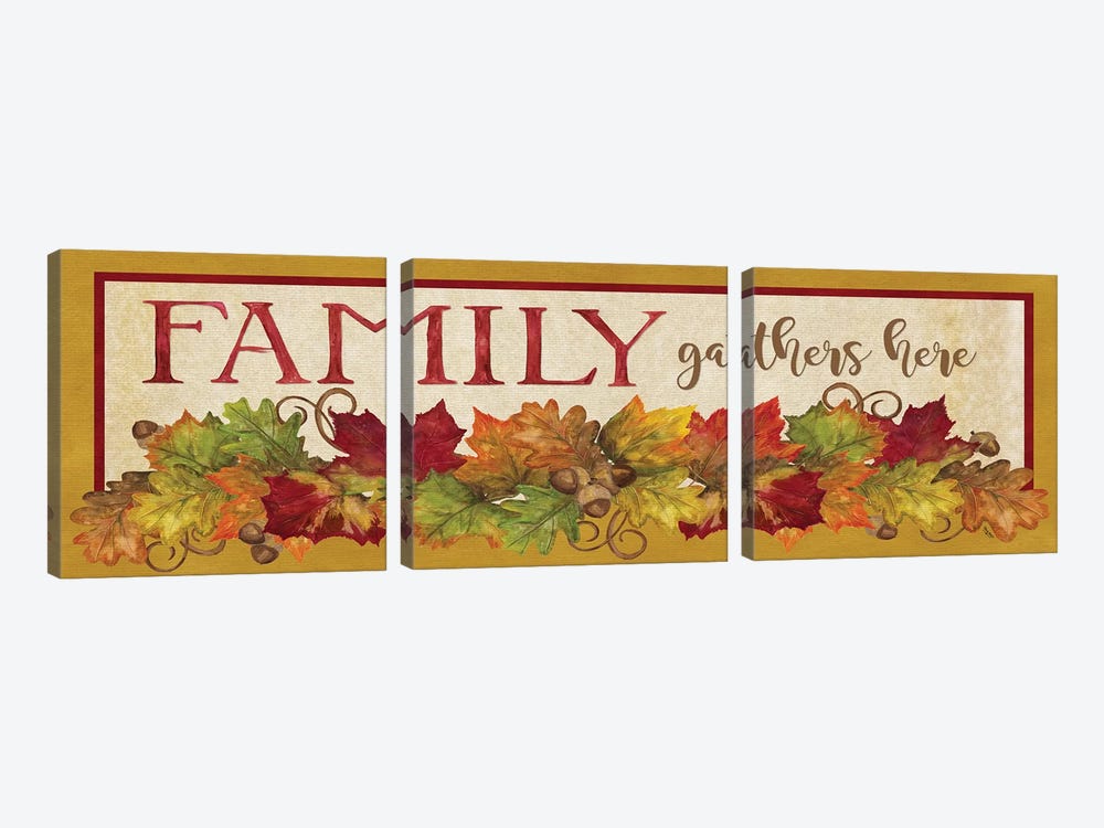 Fall Harvest Family Gathers Here Sign by Tara Reed 3-piece Canvas Print