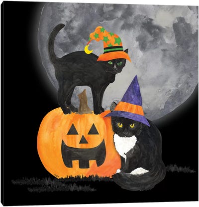 Fright Night Friends I - Black Cat Canvas Art Print - Tuxedo Cat Art