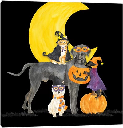 Fright Night Friends II - Dog with Pumpkin Canvas Art Print - Orange Cat Art