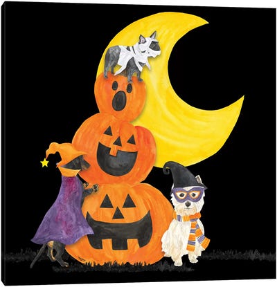 Fright Night Friends IV - Pumpkin Stack Canvas Art Print - French Bulldog Art
