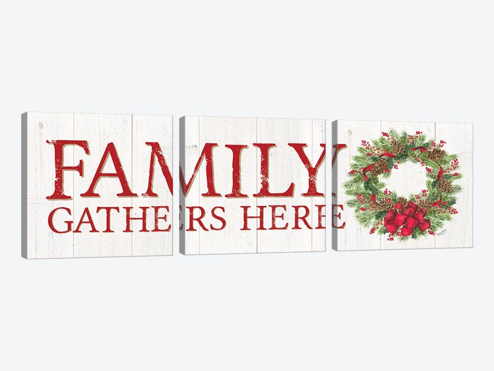 Home for the Holidays - Family Gathers Here Wreath Sign by Tara Reed 3-piece Canvas Art