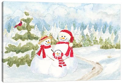 Snowman Wonderland - Family Scene Canvas Art Print - Evergreen Tree Art