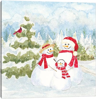Snowman Wonderland I Family Scene Canvas Art Print - Christmas Trees & Wreath Art