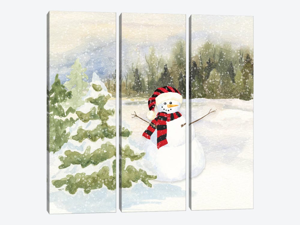 Snowman Wonderland II - Red Black Santa Hat by Tara Reed 3-piece Canvas Artwork