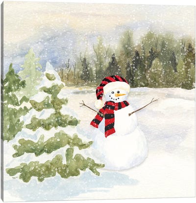 Snowman Wonderland II - Red Black Santa Hat Canvas Art Print - Snowman Art