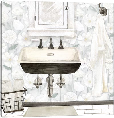 White Floral Bath I  Canvas Art Print - Interiors