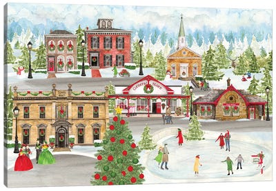 Christmas Village landscape Canvas Art Print - Christmas Trees & Wreath Art