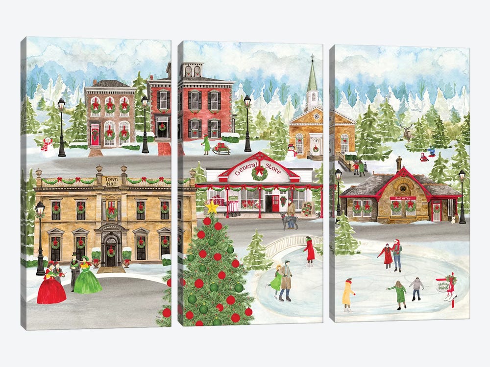 Christmas Village landscape by Tara Reed 3-piece Canvas Print