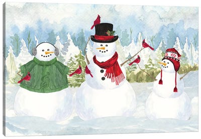 Snowman Christmas landscape Canvas Art Print - Cardinal Art