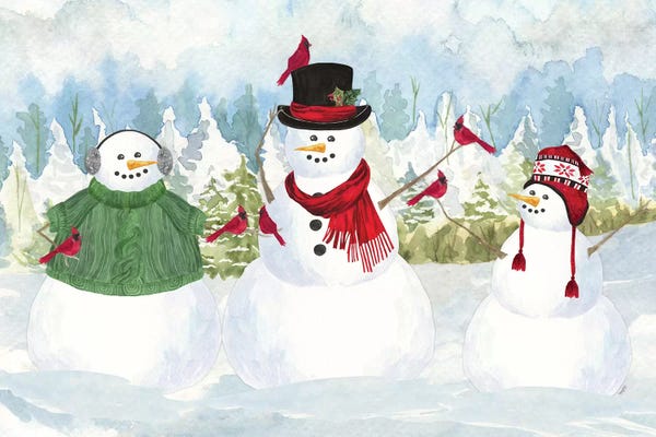 Cardinals: Snowman Christmas landscape by Tara Reed