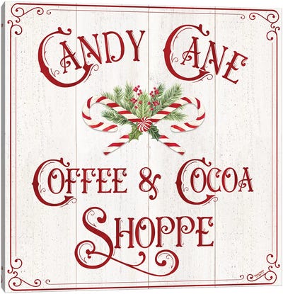 Vintage Christmas Signs I-Candy Cane Coffee Canvas Art Print - Tara Reed