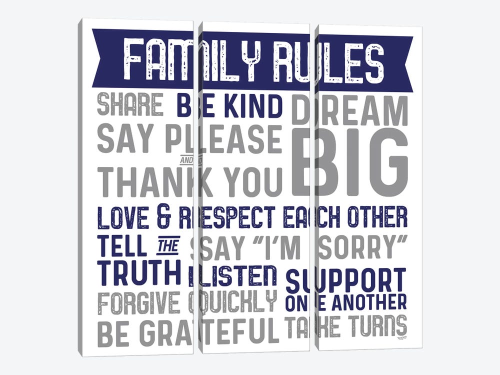Family Rules II Blue Gray by Tara Reed 3-piece Canvas Wall Art