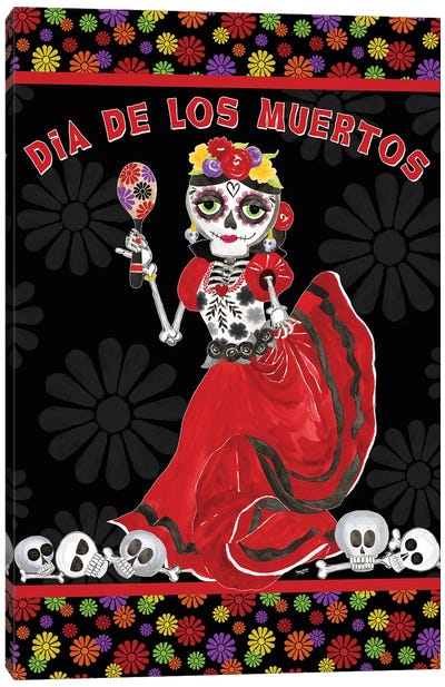 Day Of The Dead Portrait I - Dancing Woman Canvas Art Print - Día de los Muertos Art