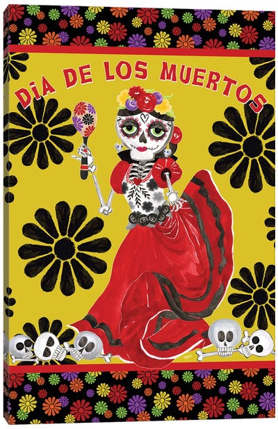 Day Of The Dead Portrait III - Dancing Woman Canvas Art Print - Día de los Muertos Art