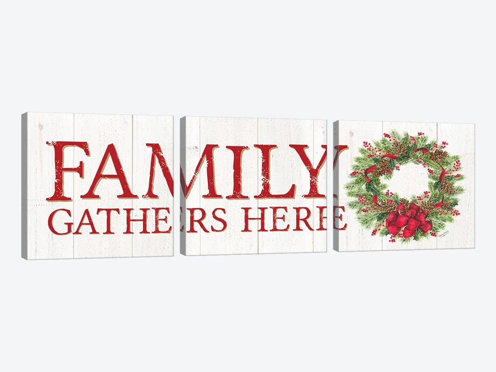 Family Gathers Here Wreath Sign by Tara Reed 3-piece Canvas Art Print