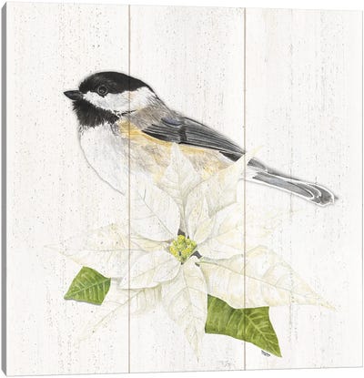 Peaceful Christmas Chickadee II Canvas Art Print - Poinsettia Art
