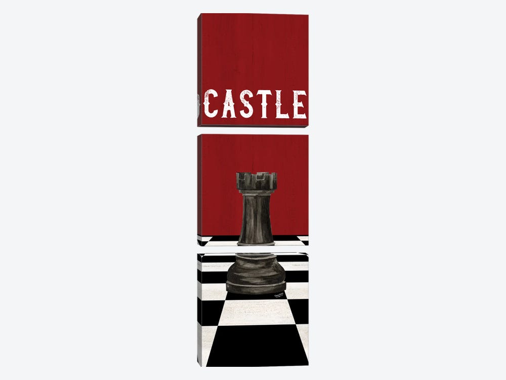 Rather Be Playing Chess Pieces Black On Red Panel II-Castle by Tara Reed 3-piece Canvas Wall Art