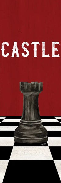 Cards & Board Games: Rather Be Playing Chess Pieces Black On Red Panel II-Castle by Tara Reed