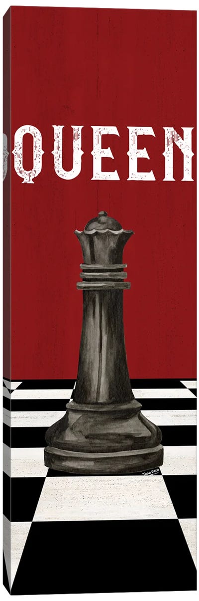 Rather Be Playing Chess Pieces Black On Red Panel VI-Queen Canvas Art Print - Cards & Board Games