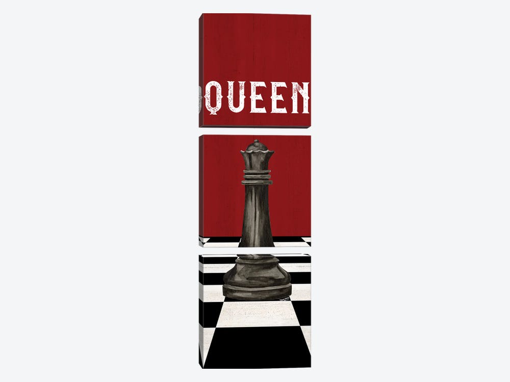 Rather Be Playing Chess Pieces Black On Red Panel VI-Queen by Tara Reed 3-piece Canvas Artwork