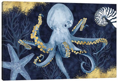 Deep Blue Sea I On Blue Gold Canvas Art Print - Octopus Art