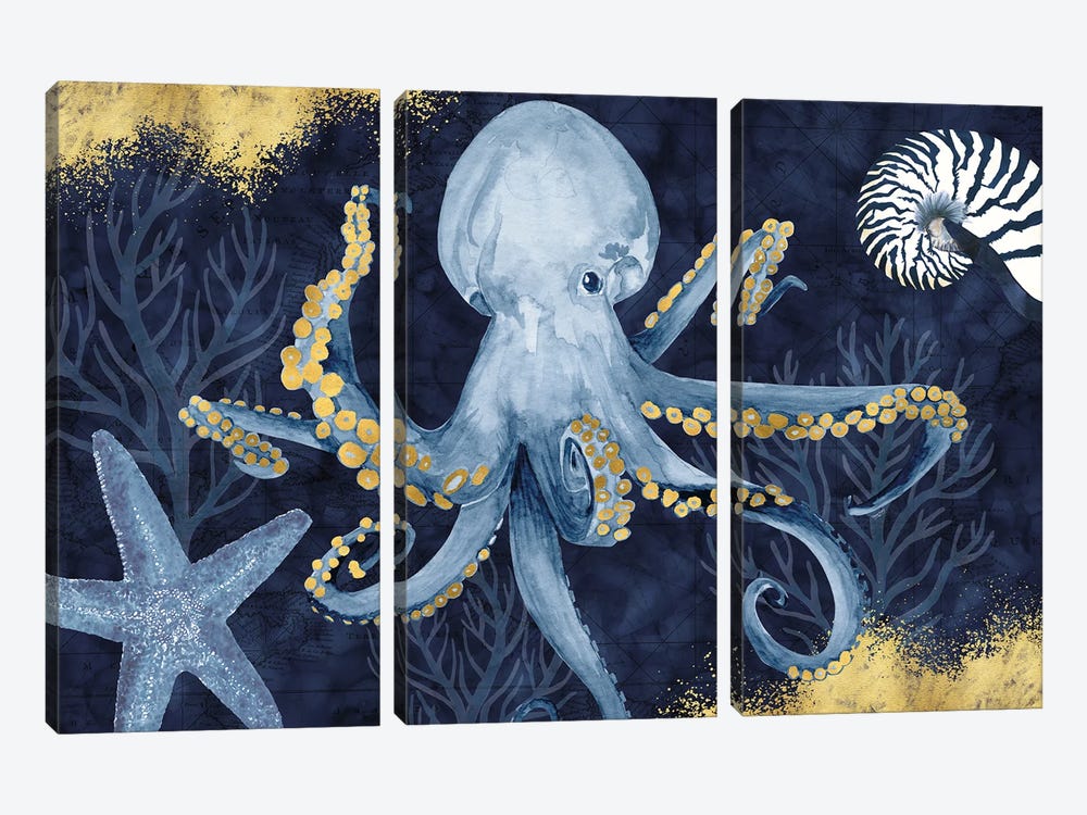 Deep Blue Sea I On Blue Gold by Tara Reed 3-piece Canvas Print