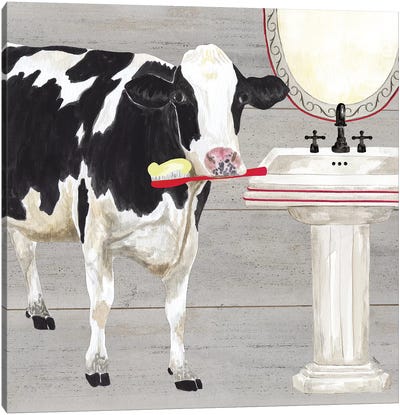 Bath Time For Cows Sink Canvas Art Print - Bathroom Humor
