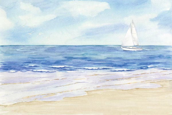 Large Coastal Art - Canvas Prints: Sailboat & Seagulls II by Tara Reed