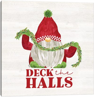 Gnome For Christmas Sentiment III - Deck The Halls Canvas Art Print - Christmas Gnome Art