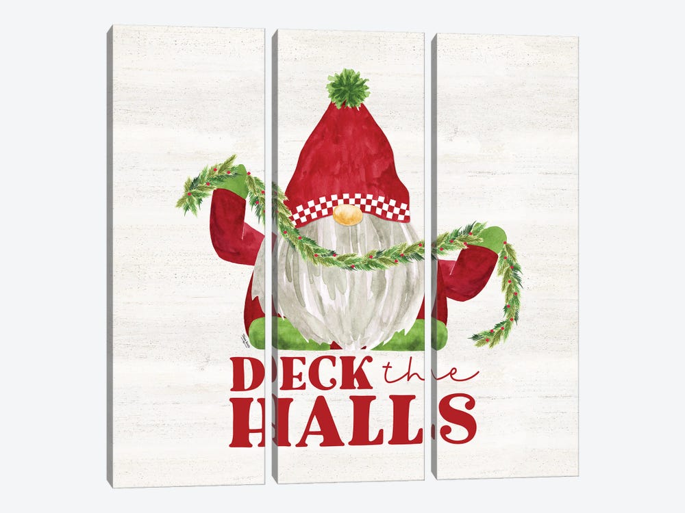 Gnome For Christmas Sentiment III - Deck The Halls by Tara Reed 3-piece Canvas Wall Art