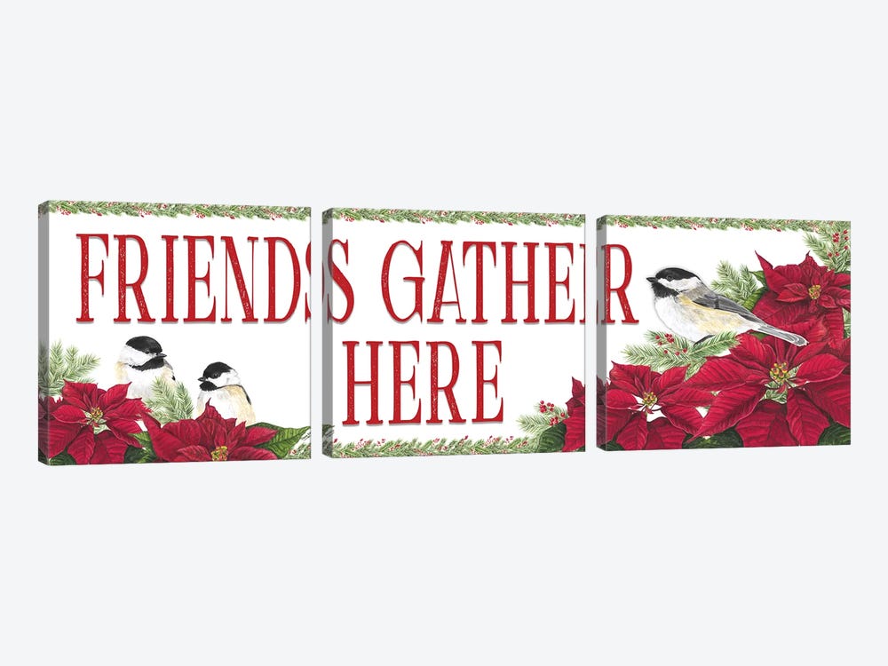 Chickadee Christmas Red - Friends Gather I by Tara Reed 3-piece Canvas Print