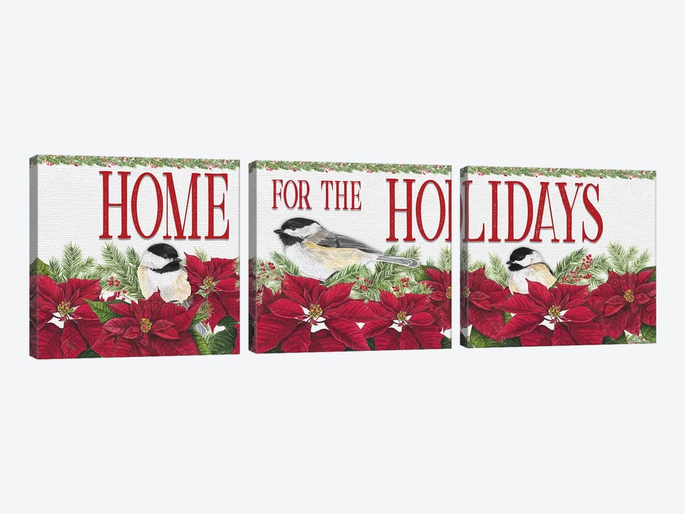 Chickadee Christmas Red - Home for the Holidays I by Tara Reed 3-piece Canvas Print