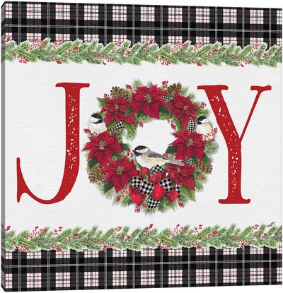 Chickadee Christmas Red I - Joy Canvas Art Print - Poinsettia Art