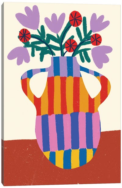 Stripe Vase With Handles Canvas Art Print - Minimalist Flowers