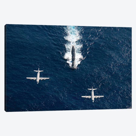 Two P-3 Orion Maritime Surveillance Aircraft Fly Over Attack Submarine USS Houston Canvas Print #TRK1001} by Stocktrek Images Canvas Art