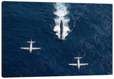 Two P-3 Orion Maritime Surveillance Aircraft Fly Over Attack Submarine USS Houston Canvas Art Print - Submarine Art