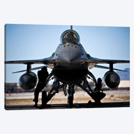US Air Force Crew Chiefs Do Pre-Flight Checks Under An F-16 Fighting Falcon Canvas Print #TRK1009} by Stocktrek Images Canvas Artwork