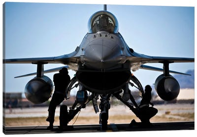 US Air Force Crew Chiefs Do Pre-Flight Checks Under An F-16 Fighting Falcon Canvas Art Print - Military Aircraft Art