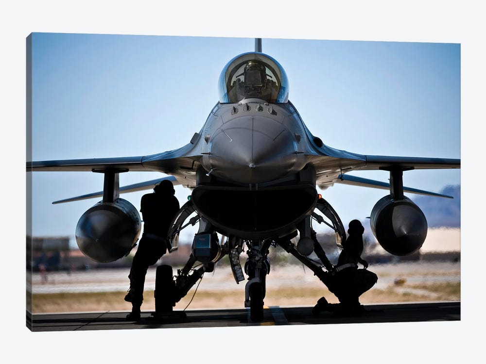 US Air Force Crew Chiefs Do Pre-Flight Checks Under An F-16 Fighting Falcon by Stocktrek Images 1-piece Canvas Art