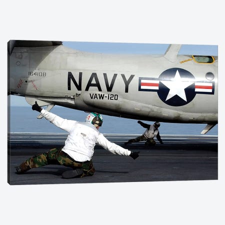 US Navy Sailors Give The Thumbs Up Signal Before Launching A E-2C Hawkeye Canvas Print #TRK1039} by Stocktrek Images Canvas Print