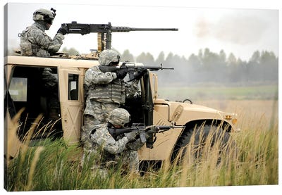 US Soldiers Perform A Platoon Mounted And Dismounted Live-Fire Exercise Canvas Art Print - Military Vehicles