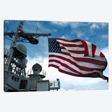 USS Cowpens Flies A Large American Flag During A Live Fire Weapons Shoot Canvas Print #TRK1048} by Stocktrek Images Canvas Art