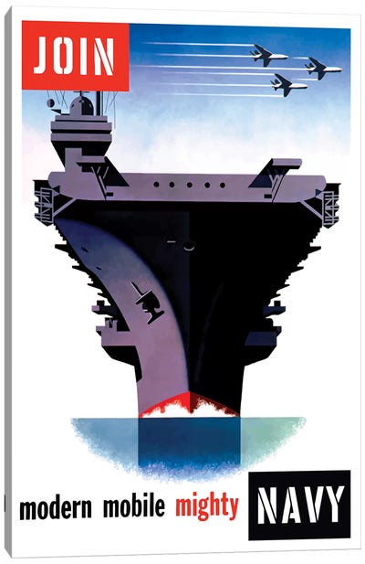 Vintage WWII Poster Of An Aircraft Carrier With Three Planes Flying Overhead Canvas Art Print - Stocktrek Images