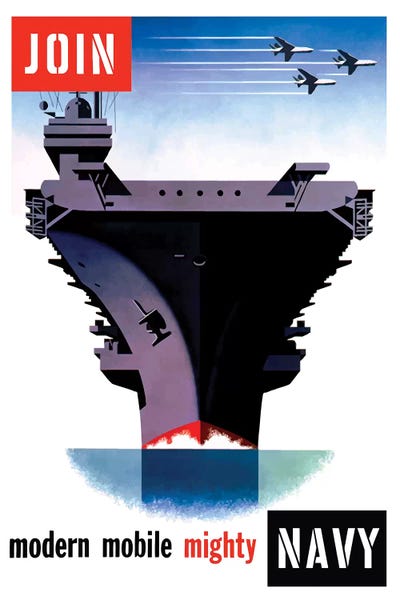 Propaganda Posters: Vintage WWII Poster Of An Aircraft Carrier With Three Planes Flying Overhead by Stocktrek Images