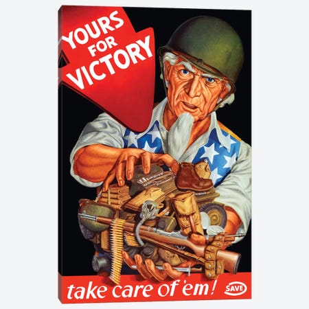Vintage WWII Poster Of Uncle Sam Wearing A Helmet And Holding Supplies Canvas Print #TRK119} by Stocktrek Images Canvas Print