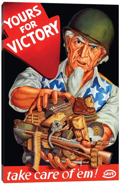 Vintage WWII Poster Of Uncle Sam Wearing A Helmet And Holding Supplies Canvas Art Print - Uncle Sam
