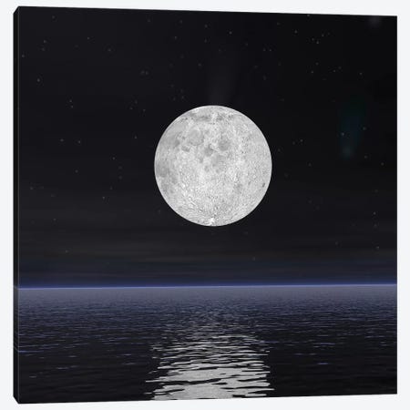 Full Moon On A Dark Night With Stars And Comets Over The Ocean Canvas Print #TRK1203} by Elena Duvernay Canvas Wall Art