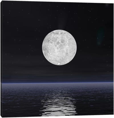 Full Moon On A Dark Night With Stars And Comets Over The Ocean Canvas Art Print - Full Moon Art